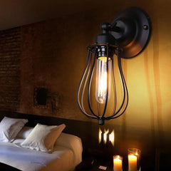 Industrial Drop Cage Wall Light Iron E27 Matt Black
