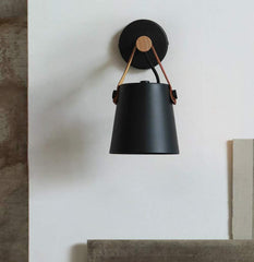 Industrial Loft Wall Light Wood Leather Matte Black E27 Max 40W