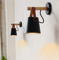 Industrial Loft Wall Light Wood Leather Matte Black E27 Max 40W