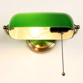 Banker's Lamp Wall Light Opal Green Glass Brass E27 Pull Cord