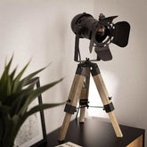 Industrial Spotlight Floor Lamp — 360° Adjustable Head, Wood & Metal