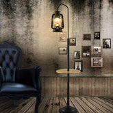 Industrial Lantern Floor Lamp with Wooden Shelf — 165 cm