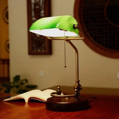 Vintage Banker Table Lamp Brass Green Shade E27