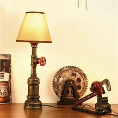 Retro Industrial Pipe Table Lamp Aged Brass Red Valve E27