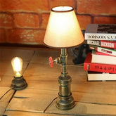 Retro Industrial Pipe Table Lamp Aged Brass Red Valve E27