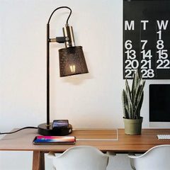 Industrial Table Lamp with USB Port Black Gold Socket E27