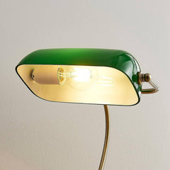 Designer Banker's Desk Lamp Brushed Brass Green Opaline Shade E27