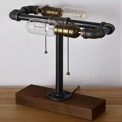 Industrial Table Lamp Solid Wood Base Black Pipe Gold Sockets E27