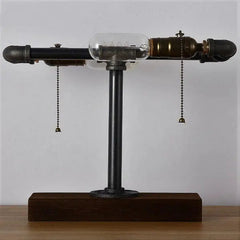 Industrial Table Lamp Solid Wood Base Black Pipe Gold Sockets E27