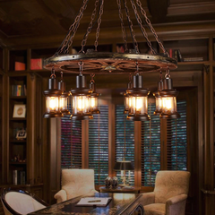 Industrial Wheel Chandelier Solid Wood Metal Lanterns E27 Brown Ø75cm