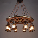 Industrial Wheel Chandelier Solid Wood Metal Lanterns E27 Brown Ø75cm