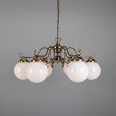 Six-Light Brass Chandelier with Opal Glass Globes Ø95cm
