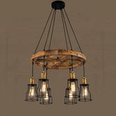 Brooklyn Industrial Pendant Light Wood Cage E27 Brown Black Gold Ø60cm