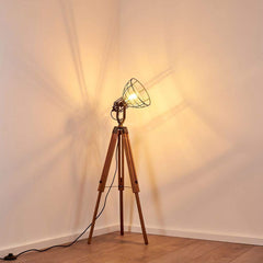 Cinema Style Industrial Floor Lamp Wood Unfinished Metal E27