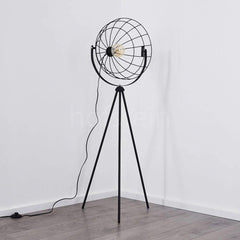 Industrial Cinema Floor Lamp Moon Brut Raw Steel Wood E27