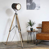 Industrial Cinema Projector Floor Lamp Brushed Black Wood Steel E27