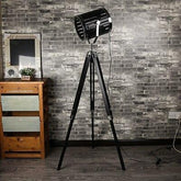 Industrial Cinema Barrel Floor Lamp Black Wood Metal E27