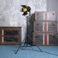 Industrial Cinema Floor Lamp Wood Unfinished Steel E27