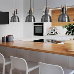 Brushed Steel Chandelier Natural Wood Base 4×E27 90cm