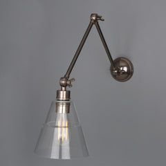 Adjustable Arm Wall Light Clear Glass Cone 3 Pivots E27 73cm Reach
