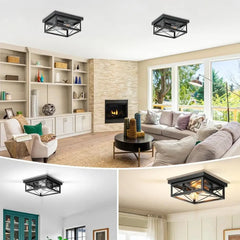 Industrial Black Square Metal Ceiling Light E27 — 2-Light 25cm