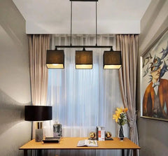 Square Chandelier Linen Iron E27 84 cm Black White Beige