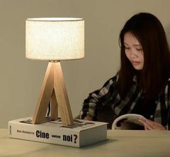 Tripod Table Lamp Wood Base Fabric Shade E27