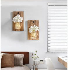 Jam Jar Wall Light with Fairy Lights, Wood & Glass, Battery