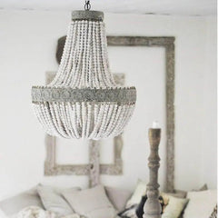 Vintage Round Wooden Beaded Chandelier Iron E27 48cm 56cm