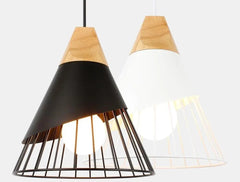 Nordic Pendant Light Iron Cage Wooden Base