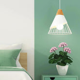 Nordic Pendant Light Iron Cage Wooden Base