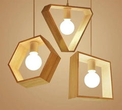 Geometric Wood Pendant Light E27 Triangle Hex Square