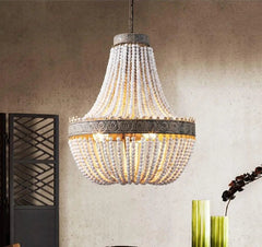 Vintage Round Wooden Beaded Chandelier Iron E27 48cm 56cm