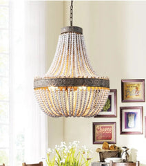 Vintage Round Wooden Beaded Chandelier Iron E27 48cm 56cm
