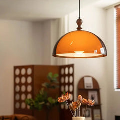 Amber Glass Dome Pendant Light Wood Acrylic E27 Dimmable Brown
