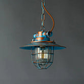 Blue Aged Metal Cage Pendant Light E27 Industrial Retro 28cm