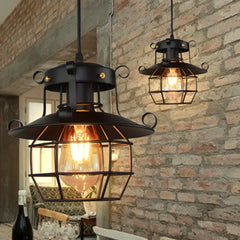 Industrial Lantern Pendant Light Black Metal Glass E27