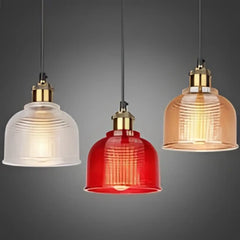 Industrial Ribbed Glass Pendant Light E27 Metal Bulb Included 14×17.5 cm