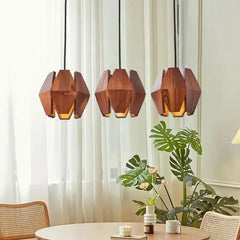 Geometric Wood & Metal Pendant Light LED Brown S/M