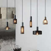 Industrial Loft Glass Pendant Light E27 Black Metal 8 Shapes