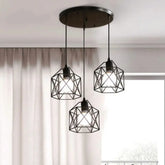 Black Industrial Triple Cage Pendant Light E27 3 Geometric Shades