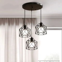 Black Industrial Triple Cage Pendant Light E27 3 Geometric Shades