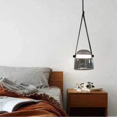 Smoked Glass Leather Strap Pendant Light E27 Dimmable 20cm