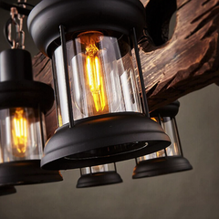 Industrial Chandelier Solid Wood 6 Lanterns E27 Brown Ø55cm