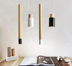 Nordic Long Wooden Pendant Light E27 Metal Black White Small Large