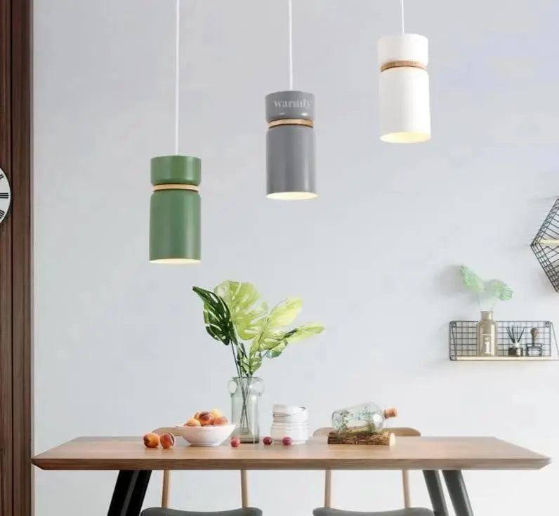 Nordic LED Pendant Light Iron Wood Green Grey White Sets