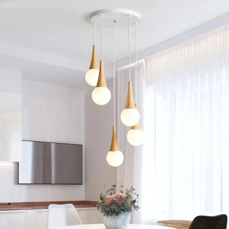 Bryton LED Pendant Light Set Iron Wood Glass 3 or 5