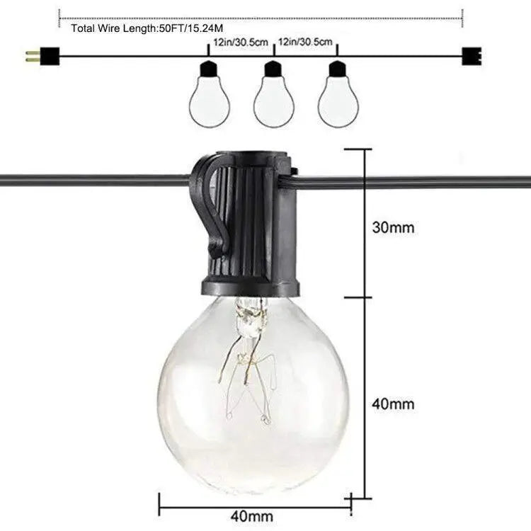G40 Festoon String Lights, IP44, 2200K, Connectable, 9–15m