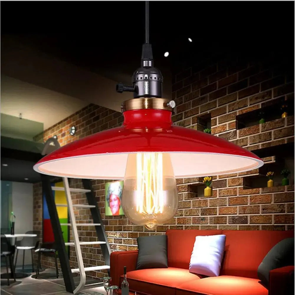 Vintage Metal Pendant Light Dome Shade Red Black White