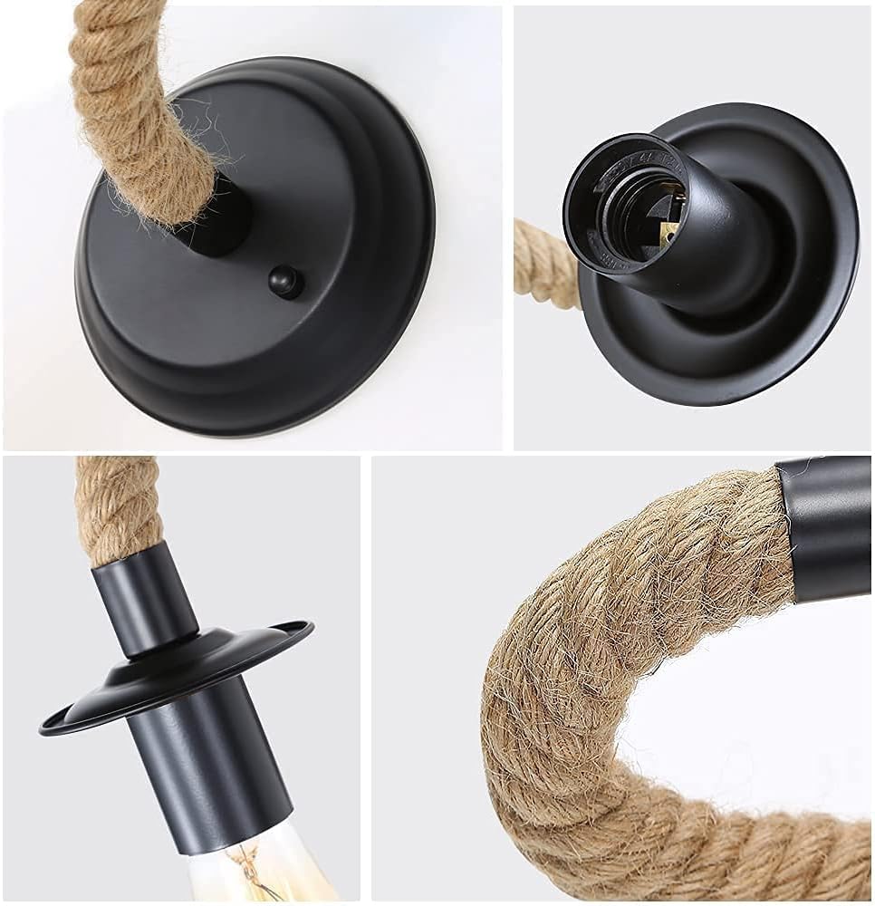 Rope Wall Light Hemp & Black Iron E27 Max 40W — Set of 2